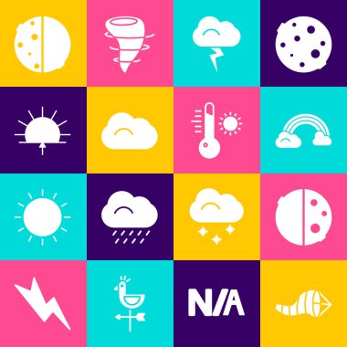 Koni meteoroloji rüzgar gülü, güneş tutulması, bulutlu Gökkuşağı, Fırtına, Bulut, Gündoğumu ve Meteoroloji termometre ikonu. Vektör