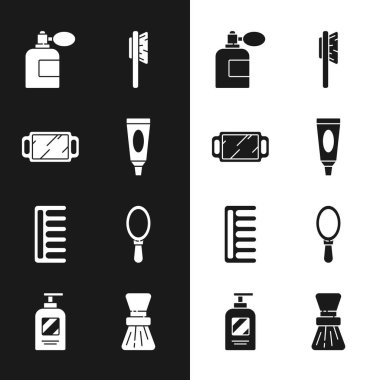 Krem veya losyon kozmetik tüpü, el aynası, atomlu tıraş losyonu şişesi, saç fırçası, tıraş ve şampuan ikonu. Vektör