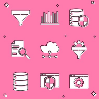Satış hunisini, Pie grafik bilgisini, kalkanlı sunucuyu, belge aramasını, ağ bulut bağlantısını, teçhizatı, sunucuyu, veriyi, Web sunuculuğunu ve tarayıcı simgesini ayarla. Vektör