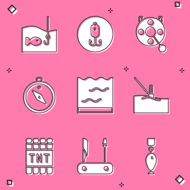 Balıklı oltayı, balık tutmak için makarayı, pusulayı, akvaryumu, yüzen suyu, dinamit bombası çubuğunu ve İsviçre çakısı ikonunu hazırla. Vektör