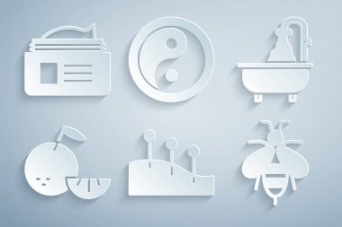 Akupunktur terapisi, Küvet, Citrus meyvesi, Arı, Yin Yang ve merhem kremi ikonu. Vektör