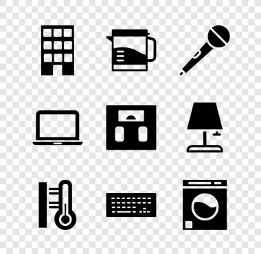 House, Electric kettle, Microphone, Meteoroloji termometresi, Klavye, Yıkama, Laptop ve Banyo ölçeklendirme simgesi. Vektör