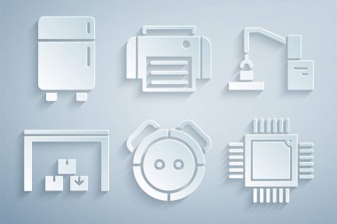 Robot elektrikli süpürge, robot kol fabrikası, depo, işlemci, işlemci işlemci, yazıcı ve soğutucu ikonu ayarla. Vektör