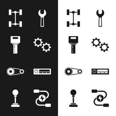 Gear, uzaktan kumandalı araba anahtarı, Chassis arabası, İngiliz anahtarı, zaman ayarlı kemer kiti, ses, batarya şarj güç kablosu ve vites simgesi. Vektör