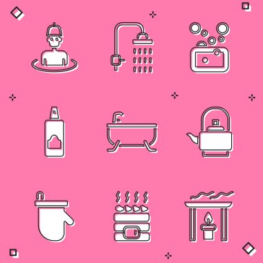 Saunadaki adam, duş, sabun spreyi, saç spreyi, küvet, sauna eldiveni ve sıcak taş ikonu. Vektör