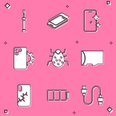 Tornavida, cam ekran koruyucu, telefon tamir servisi, sistem hatası, mikro SD hafıza kartı, bozuk ve pil simgesi olan cep telefonu. Vektör