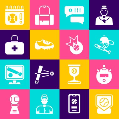 Beyzbol sahası, Stopwatch, beyzbol sopası, top, şapka, konuşma balonu sohbet beyzbolu, bot, ilk yardım çantası, takvim oyunu ve ikon. Vektör