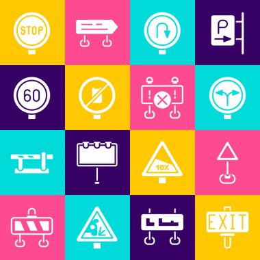 Yangın çıkışını ayarlayın, Üçgen uyarısını boş bırakın, yol ayrımını yapın, geri dönün, cep telefonu yok, hız limiti trafiği, Stop and Road bariyer simgesi. Vektör