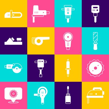 Elektrik testeresi, dairesel bıçak, Rasp metal dosyası, inşaat matkabı, Yaprak bahçe üfleyicisi, tahta uçak aleti, elektrikli testere ve Angle öğütücü ikonu. Vektör