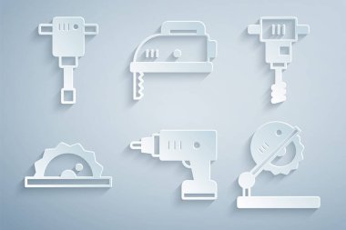 Elektrik kablosuz tornavida, elektrikli el beton karıştırıcı, dairesel testere ahşap işçiliği, yapboz ve inşaat matkabı ikonu. Vektör