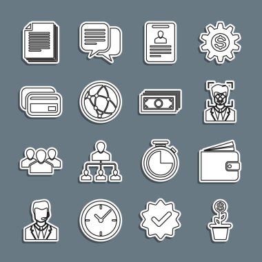 Çanağa dolar fabrikası, cüzdan, yüz tanıma, kimlik kartı, sosyal ağ, kredi kartı, kağıt para ikonu. Vektör