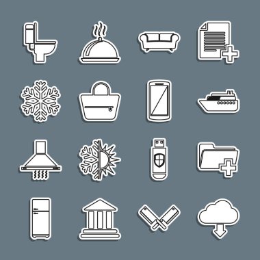 Hat indirmeyi ayarla, yeni klasör ekle, Gemi, Kanepe, Çanta, Kar Tanesi, Klozet ve Akıllı Telefon, cep telefonu simgesi. Vektör