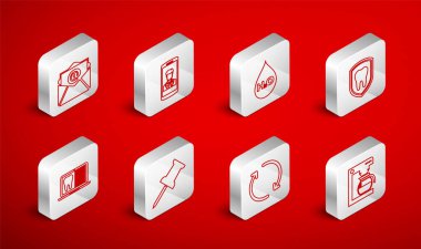 Esrarlı kahve makinesi, akıllı telefon bağlantısı, su damlası H2O, diş koruma, tazeleme, posta ve e-posta, raptiye ve dizüstü bilgisayar kartı ikonu. Vektör