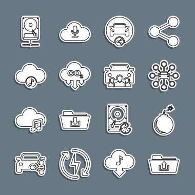 Satır Dizini Yükleme, Bomba Patlamaya Hazır, Araba Paylaşımı, CO2 emisyon Bulutu, Müzik Akımı Servisi, Hard disk Sürücü Ağı ve simge. Vektör