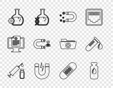 Tıbbi şırınga, şişe, ampul, mıknatıs, para, yıldırım, biyomühendislik, müşteri çekme, bandaj ve kan ikonunun test tüpünü hazırlayın. Vektör