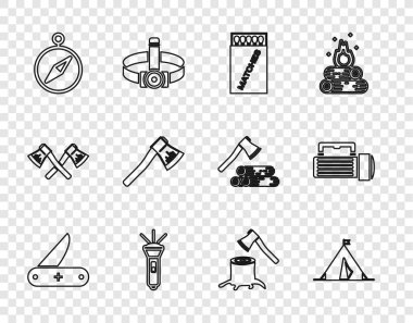 İsviçre çakısı, bayraklı turist çadırı, kibrit kutusu ve kibrit kutusu, el feneri, pusula, tahta balta, kütük ve simge. Vektör