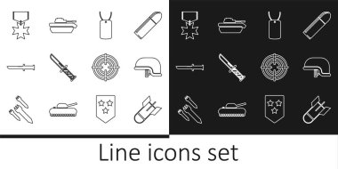 Havacılık bombası, askeri miğfer, künye, bıçak, ödül madalyası, hedef spor ve tank ikonu. Vektör