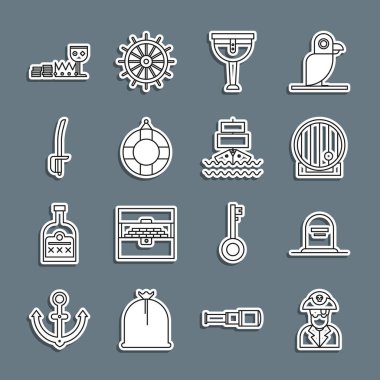 Kaptan Korsan, RIP yazılı Tombstone, tahta fıçı, korsan bacağı, Lifebuoy, kılıç, hazine, servet ve gemi ikonu. Vektör