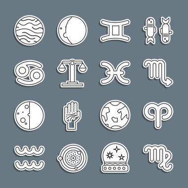 Başak burcu, Koç burcu, Akrep burcu, İkizler burcu, Terazi, Kanser, Venüs ve Balık burcu ikonu. Vektör