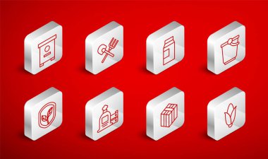 Mısır, Kürek ve Tırmık, süt için kağıt paketi, kova, saman, kovan arıları, yaprak ikonlu tam çuval tahta kutu ve kalkan. Vektör