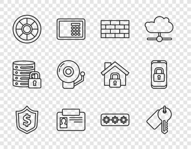Kalkan 'ı dolar, İşaretli anahtar, güvenlik duvarı, kimlik kartı, kasa, alarm zili, şifre koruması ve mobil kilit simgesi ile ayarla. Vektör