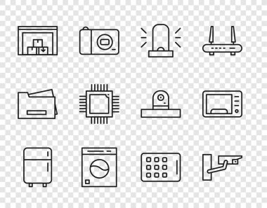 Buzdolabı, güvenlik kamerası, Flasher siren, çamaşır makinesi, depo, işlemci, mikrodevreli işlemci, grafiksel tablet ve mikrodalga fırın ikonu. Vektör