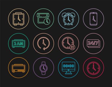 Hat saatini ayarla, 24 saat, alarm saati, dijital alarm, sil, takvim ve simge. Vektör