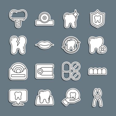 Dişçi kerpeteni, takma dişler, diş fırçası, beyazlatma, gülen dudaklar, kırık diş, implant ve ikon. Vektör