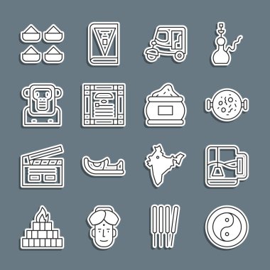 Yin Yang, çay poşetli çay, Tavuk tikka masala, Taksi tuk, Hindistan Anayasa Günü, Maymun, Hint baharatı ve ikonu. Vektör