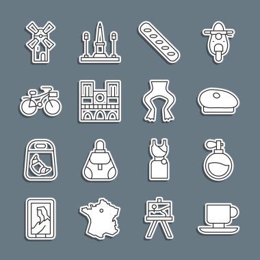 Set hattı kahve fincanı, parfüm, Fransız beresi, baget ekmek, Notre Dame, bisiklet, yel değirmeni ve kurbağa bacağı ikonu. Vektör