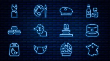 Fransa haritası, Kepi, Fransız beresi, kaniş köpeği, makarnalı kurabiye, kadın elbisesi, palet ikonlu çeşme ve boya fırçası. Vektör