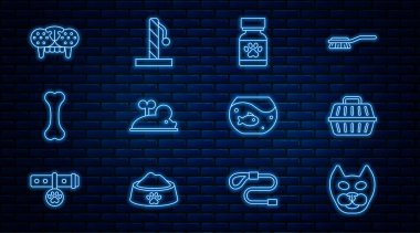 Kedi, hayvan taşıma çantası, ilaç şişesi ve haplar, Clockwork faresi, köpek kemiği, diş, balıklı akvaryum ve kazıma ikonu. Vektör