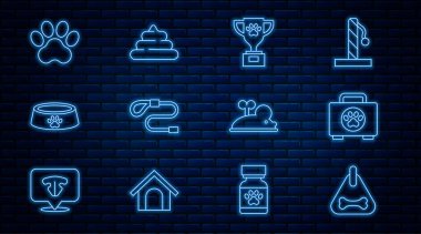 Set line Dog collar, Pet first aid kit, award, Retractable cord leash, food bowl, Paw print, Clockwork mouse and Shit icon. Vector