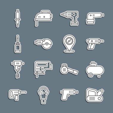 Hat ayarlı planör, hava kompresörü, kablosuz tornavida, açılı öğütücü, tornavida, lehim makinesi ve dairesel testere bıçağı ikonu. Vektör