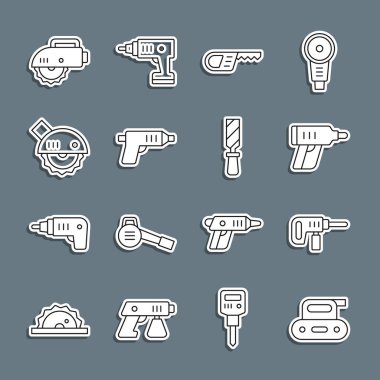 Elektrik planör, matkap makinesi, kablosuz tornavida, testere, dairesel ve Rasp metal dosya simgesini ayarla. Vektör