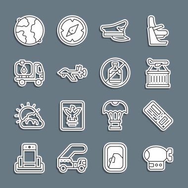 Uçuş hattı, uçak bileti, uçak, pilot şapkası, insansız hava aracı, yakıt tankeri, dünya çapında alkol ikonu yok. Vektör