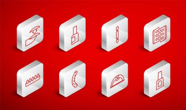 Tırnak cilası şişesi, tırnak törpüsü pedikür için tırnak ayırıcı, manikür lambası, sahte tırnaklar, tırnak törpüsü ve ikon. Vektör