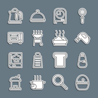 Hattı ayarla, mutfak zamanlayıcısı, tuz, elektrikli karıştırıcı, ızgara ızgara, mikrodalga fırın, çaydanlık ve sıcak çorba ikonu. Vektör