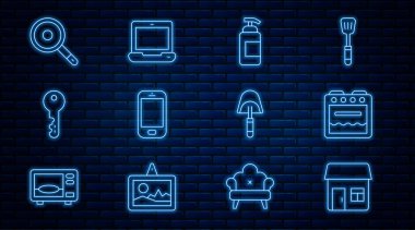 House, Oven, Antibakteriyel sabun, cep telefonu, anahtar, kızartma tavası, Spatula ve dizüstü bilgisayar ikonu. Vektör