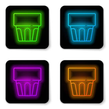 Beyaz zemin üzerinde su ikonu olan parlak neon çizgisi. Soda bardağı. Taze soğuk içecek sembolü. Siyah kare düğme. Vektör.