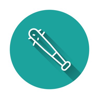 Uzun gölgeli, çivi ikonlu beyaz çizgi beyzbol sopası. Şiddetli silah. Yeşil daire düğmesi. Vektör.