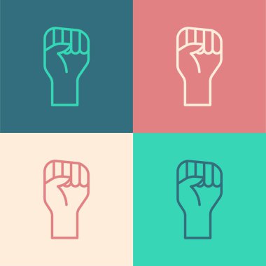 Popüler sanat çizgisi. Renkli arka planda izole edilmiş sıkılmış yumruk simgesi ile el kaldırıldı. Protestocu siyasi bir gösteride yumruğunu kaldırdı. Güçlendirme. Vektör.