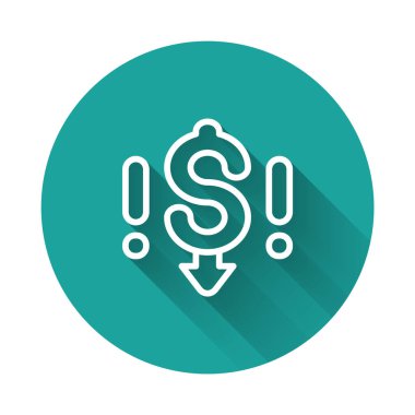 Beyaz çizgi dolar oranı uzun gölge arkaplan ile izole edilmiş simgeyi azaltır. Maliyet düşüşü. Aşağı ok ile para sembolü. İş kaybı kriz azalıyor. Yeşil daire düğmesi. Vektör