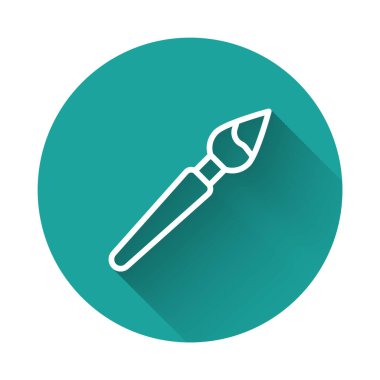 Beyaz çizgi boya fırçası simgesi uzun gölge arkaplan izole. Yeşil daire düğmesi. Vektör