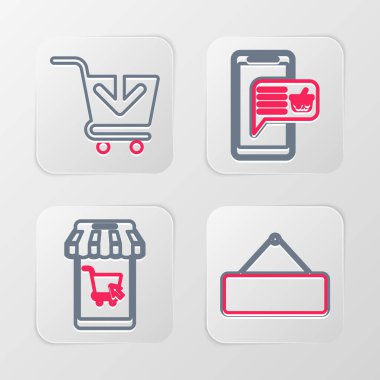 Tabela asma, cep telefonu ve alışveriş arabası, sepet ve alışveriş ikonuna ekle. Vektör