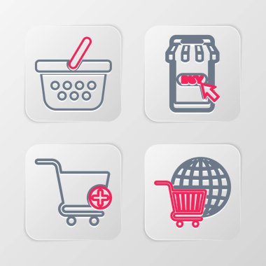 Küreseli, mobil, alışveriş ve sepet ikonlu bir alışveriş arabası ayarla. Vektör