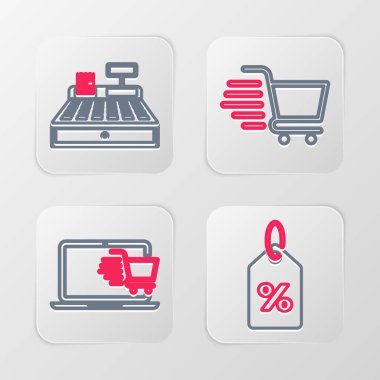 İndirim yüzde etiketi, dizüstü bilgisayarda alışveriş arabası ve kasa simgesi ayarla. Vektör