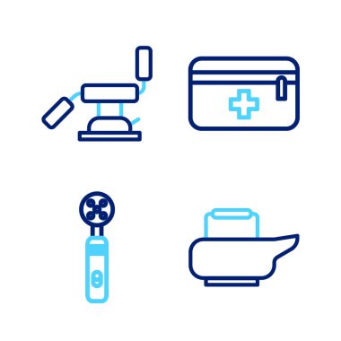 Lazımlık, elektrikli diş fırçası, ilk yardım çantası ve tıbbi sandalye ikonu. Vektör