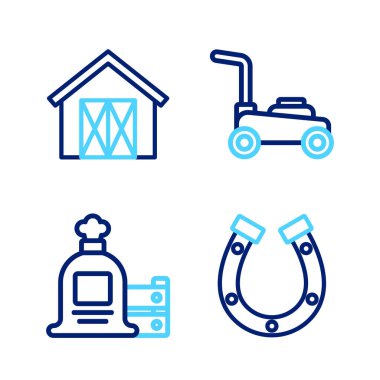 At nalı, çuval ve tahta kutu, çim biçme makinesi ve çiftlik evi ikonu. Vektör