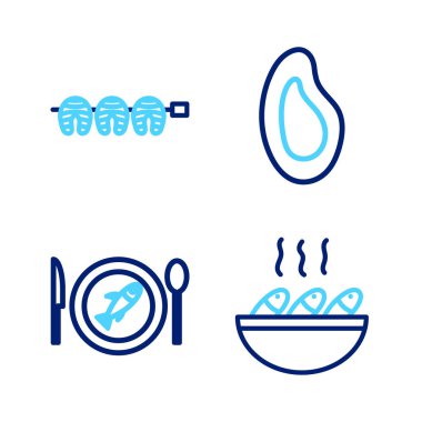 Balık çorbası, tabakta balık, midye ve ızgara biftek ikonu. Vektör